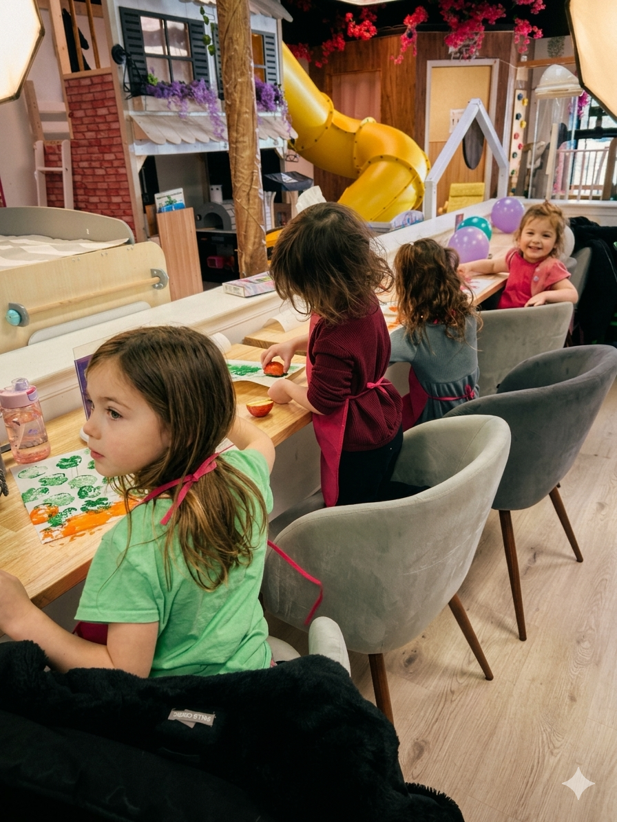 Children painting at the art table together