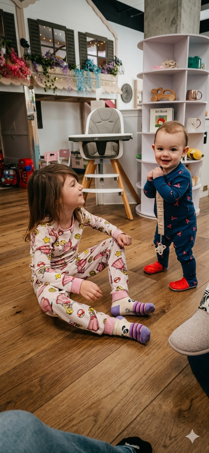 Toddlers playing on the wooden floor near the playhouse